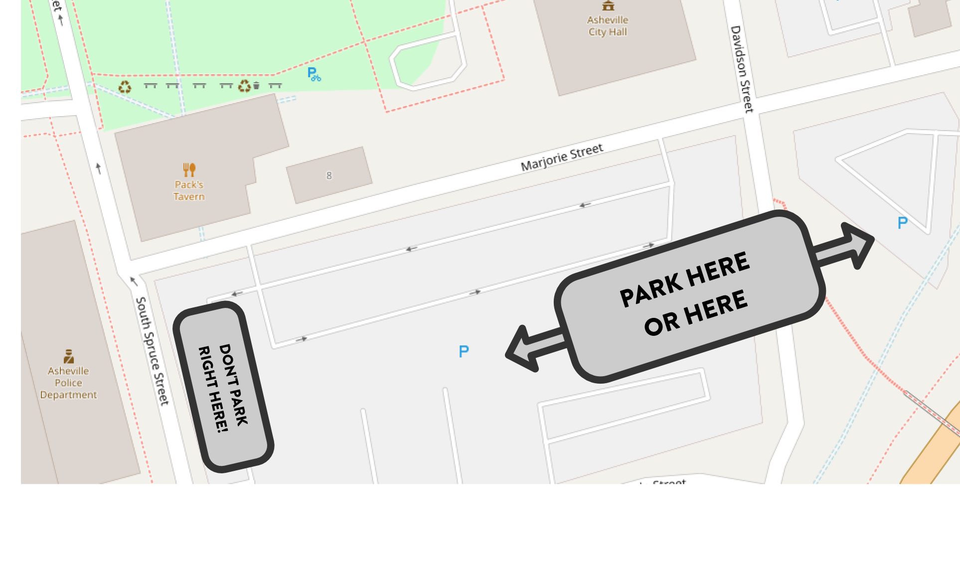 A map showing Asheville City Hall and the parking lots just to its south.