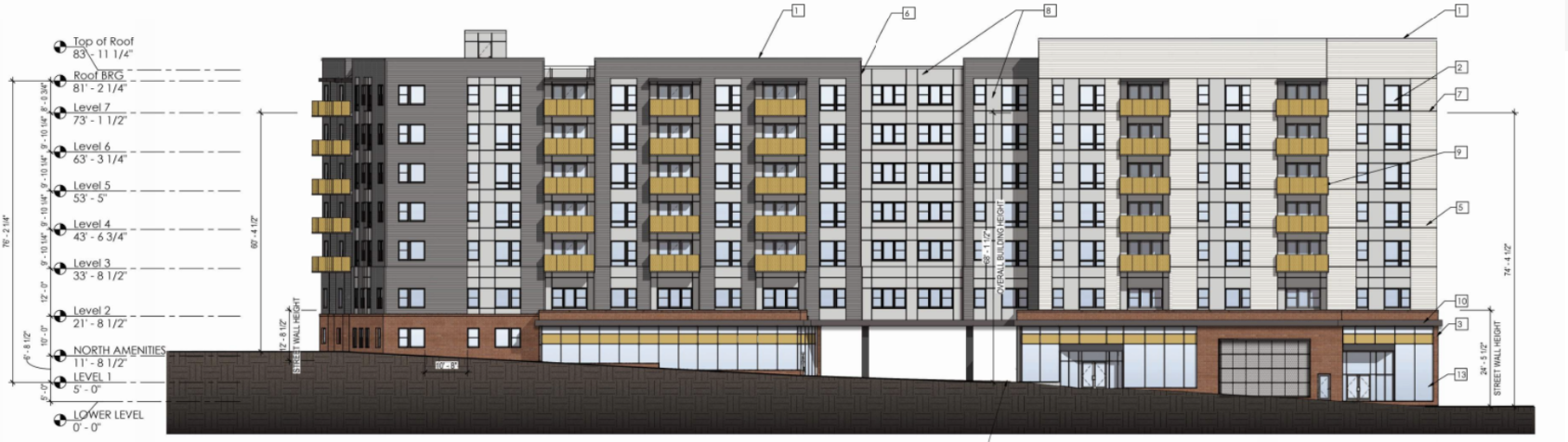 A cross section graphic of a seven-story apartment building.