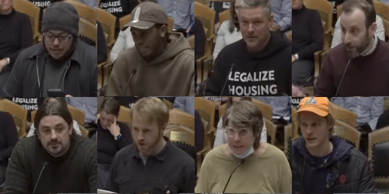 A grid of eight photographs, each one showing a person speaking in front of a microphone.