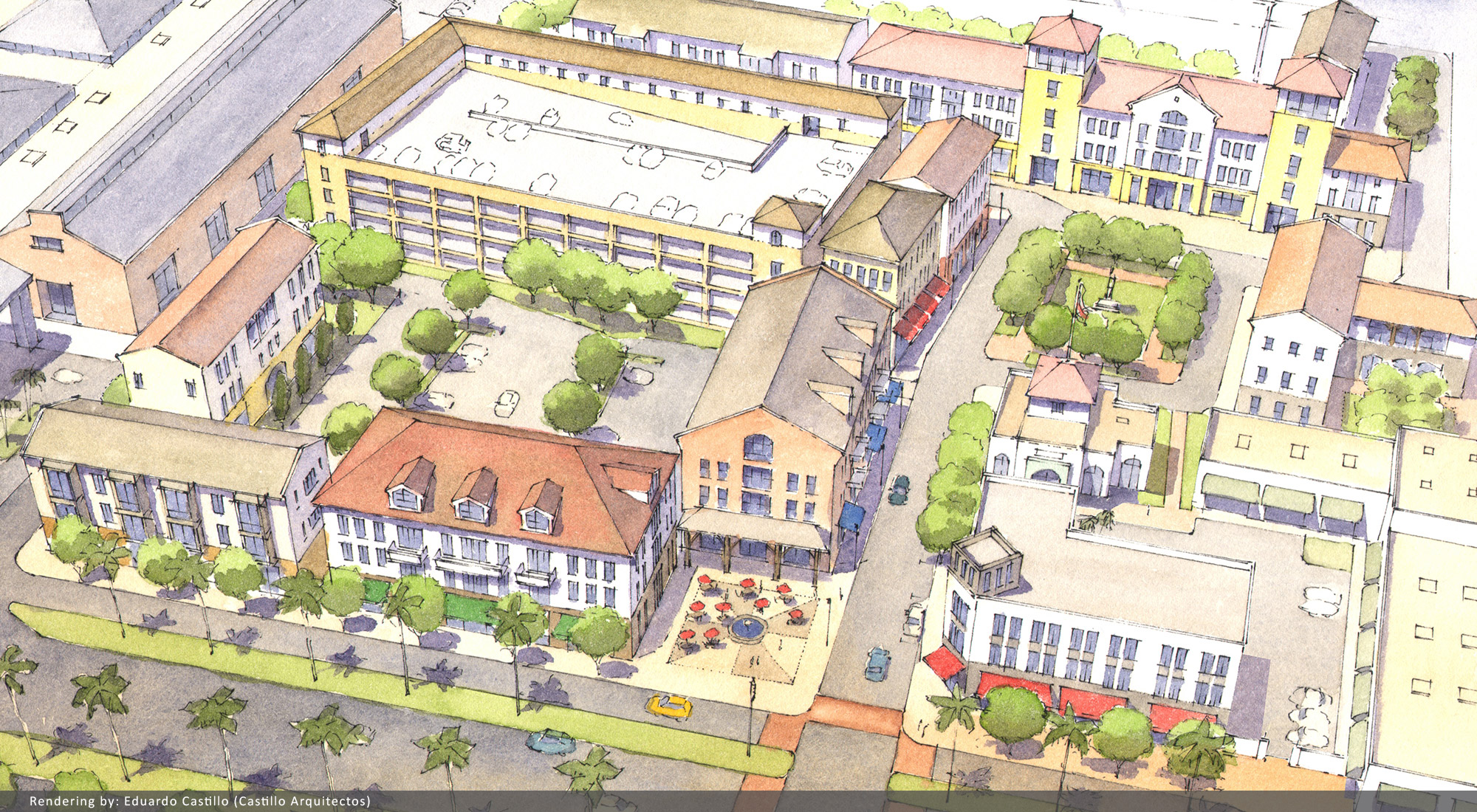 A sketch of an urban, walkable neighborhood.