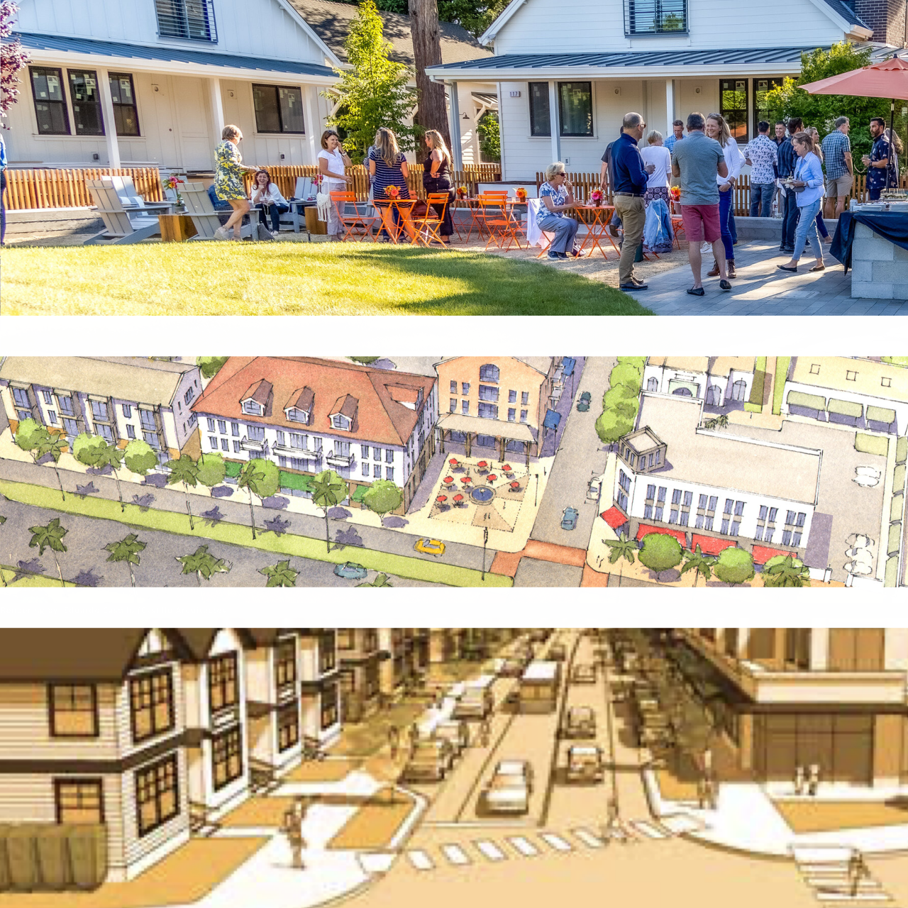 Three images are shown: one shows small, detached houses; one shows a street lined with three-story, mixed-use buildings; and one shows a street with two-story townhomes.