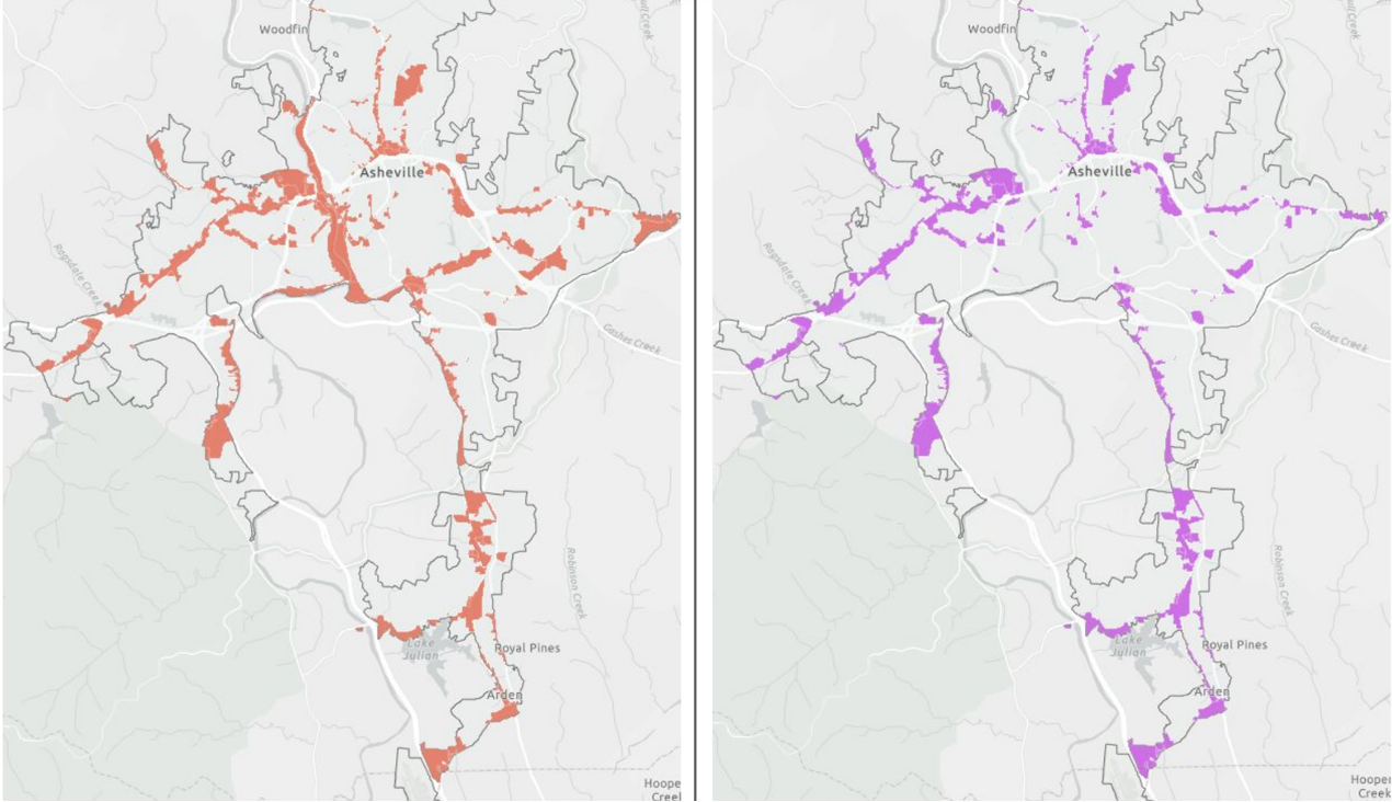 Maps showing Asheville's corridors that were affected by the March 11th zoning reforms. The maps differ in the way that they highlight corridors in flood zones.