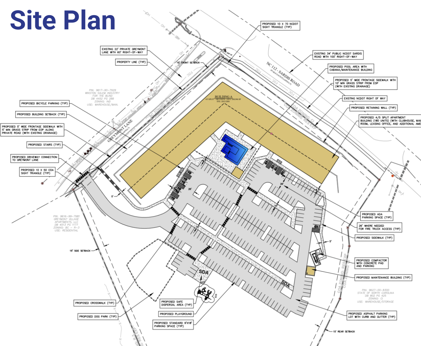 A site plan for an “L” shaped apartment building, with a parking lot in back of the building.